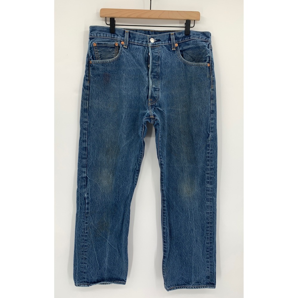 Levis 501 Jeans Mens 34x28 Blue Straight Leg Button Fly Distressed (Tag 36x30)